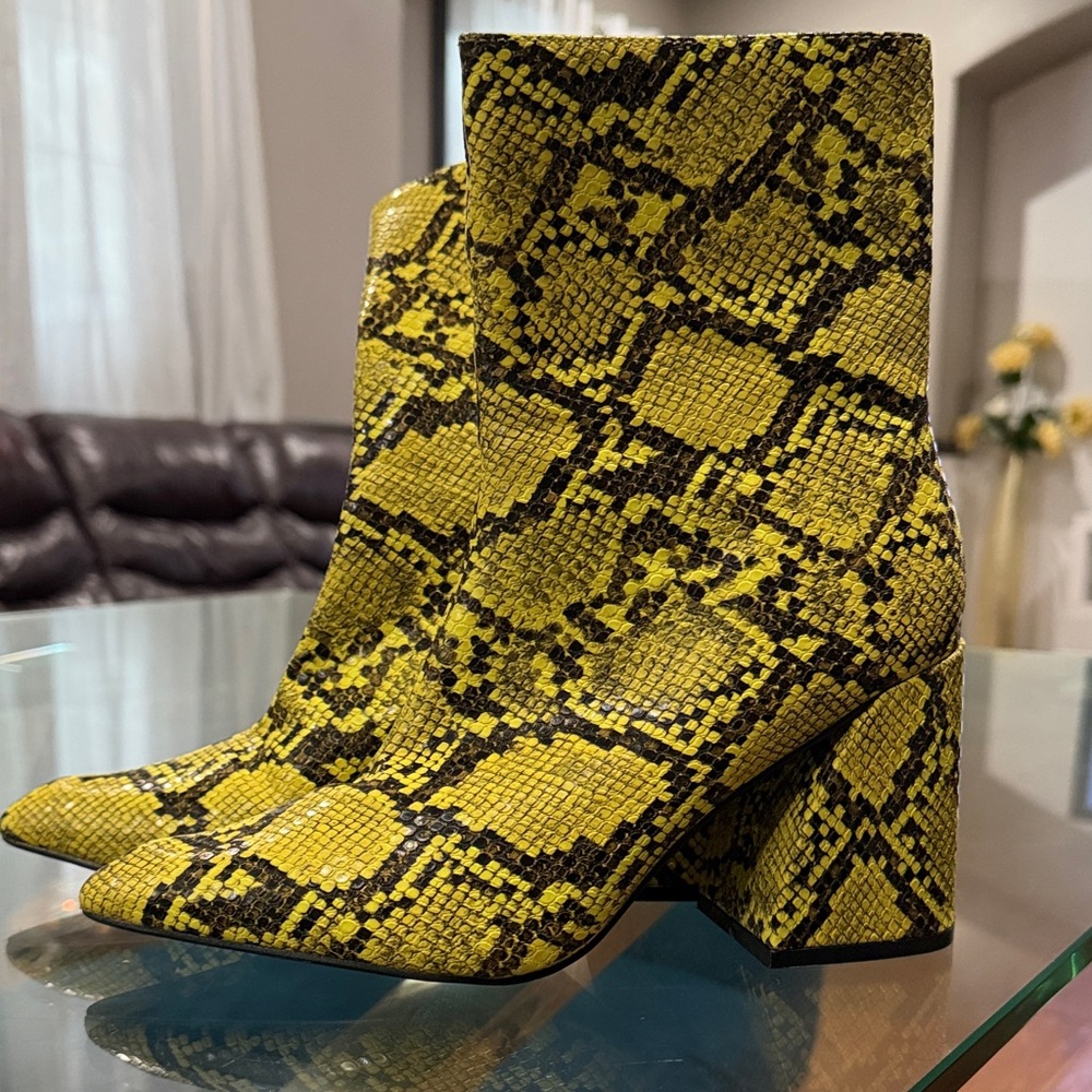 Boohoo Yellow Snake Print Heeled Boots